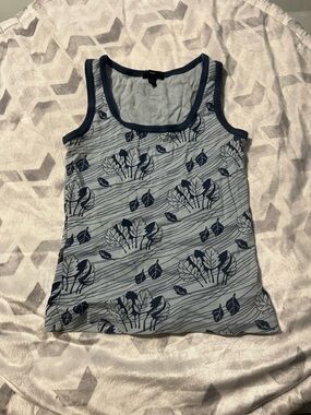 GAP Blue Leaf-Print Tank with Navy Trim